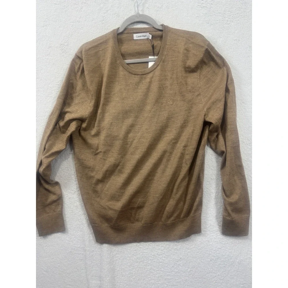 Calvin Klein Mens Merino Wool Blend Crewneck Sweater Camel Tan L S104-0001 NWT